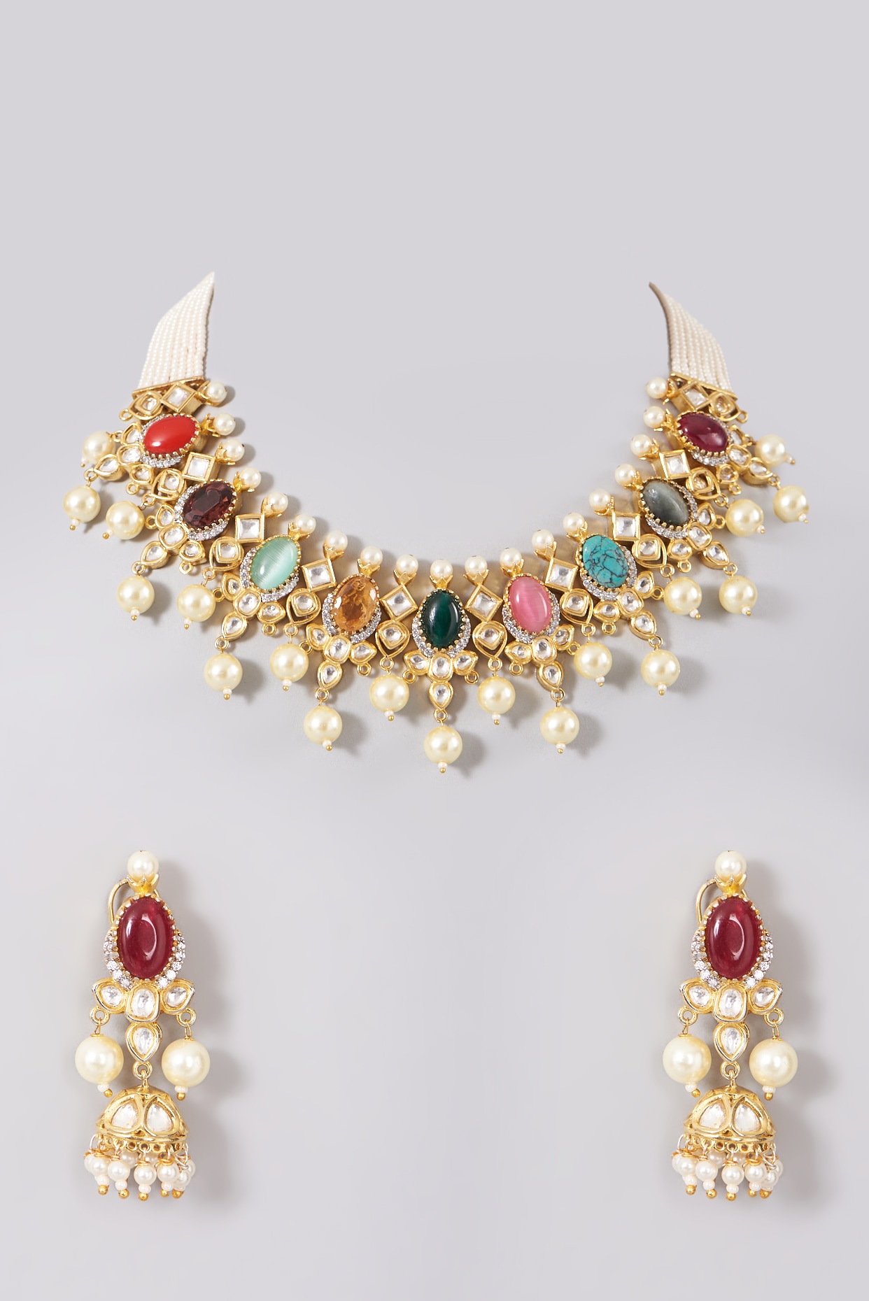 22K Gold Royal Navratna Necklace and Earring Set – Gold Palace