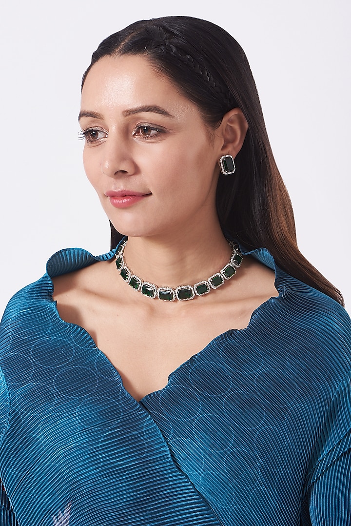 White Finish Necklace Set With Green Diamante by Auraa Trends at Pernia's Pop Up Shop