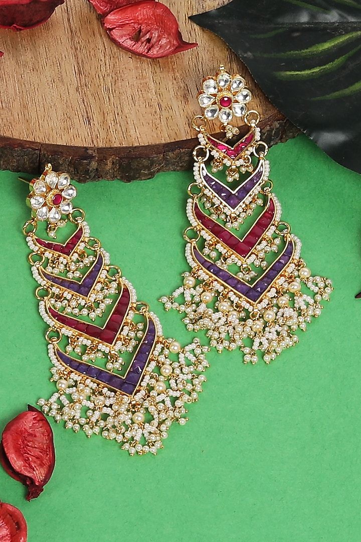 Gold Plated Kundan Polki Chandbaali Earrings by Auraa Trends