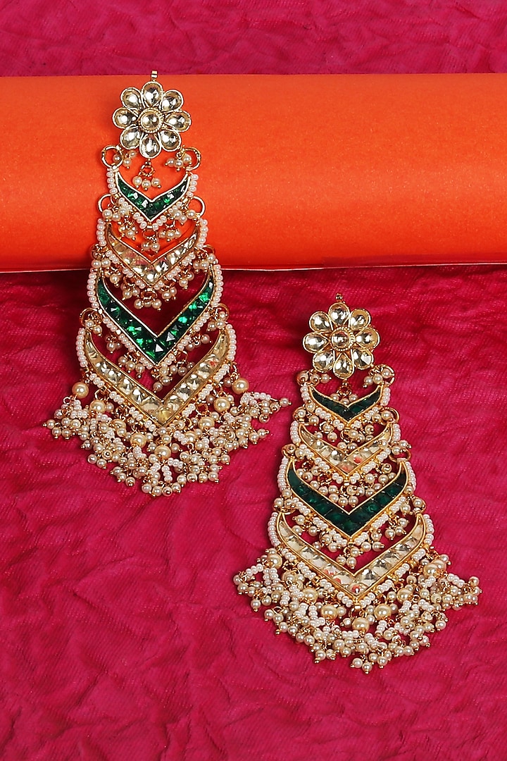 Gold Plated Kundan Polki Chandbaali Earrings by Auraa Trends