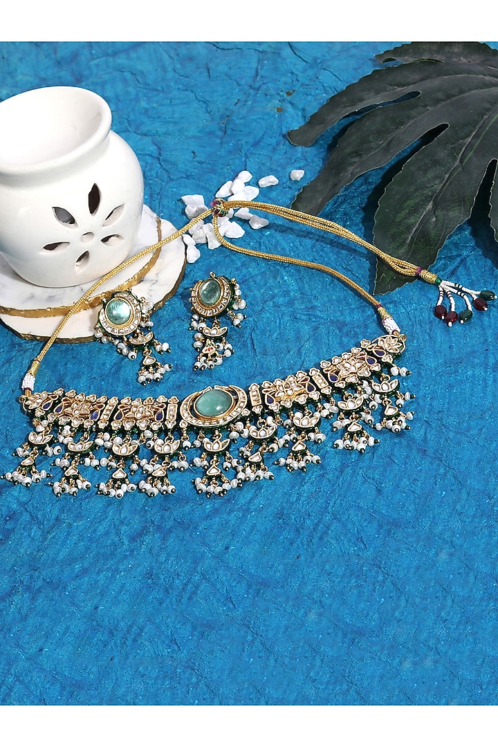 Gold Plated Green Kundan Polki & Pearl Choker Necklace Set In Sterling Silver by Auraa Trends Silver Jewellery at Pernia's Pop Up Shop