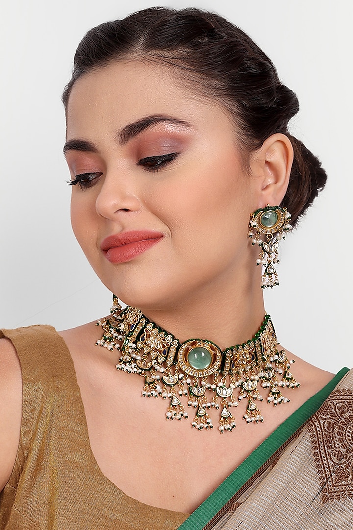 Gold Plated Green Kundan Polki & Pearl Choker Necklace Set In Sterling Silver by Auraa Trends Silver Jewellery