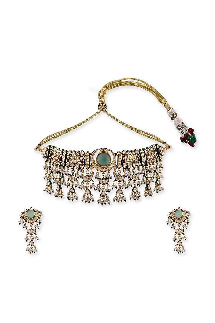 Gold Plated Green Kundan Polki & Pearl Choker Necklace Set In Sterling Silver by Auraa Trends Silver Jewellery at Pernia's Pop Up Shop