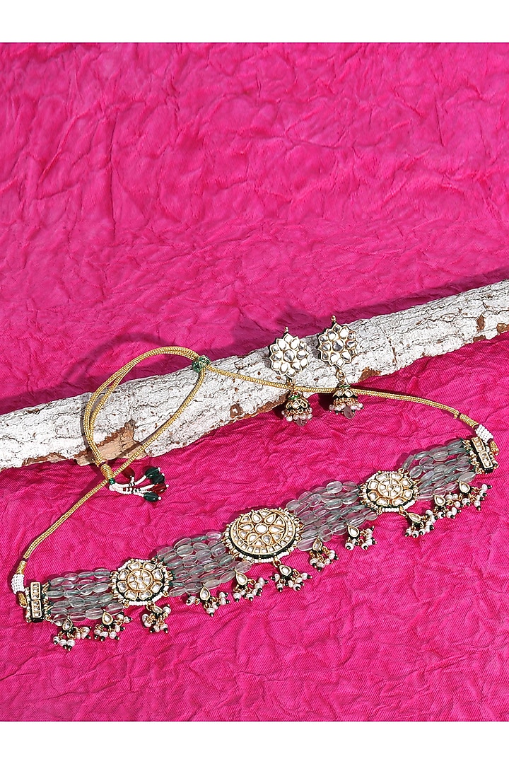 Gold Plated Kundan Polki & Pearl Choker Necklace Set In Sterling Silver by Auraa Trends Silver Jewellery at Pernia's Pop Up Shop
