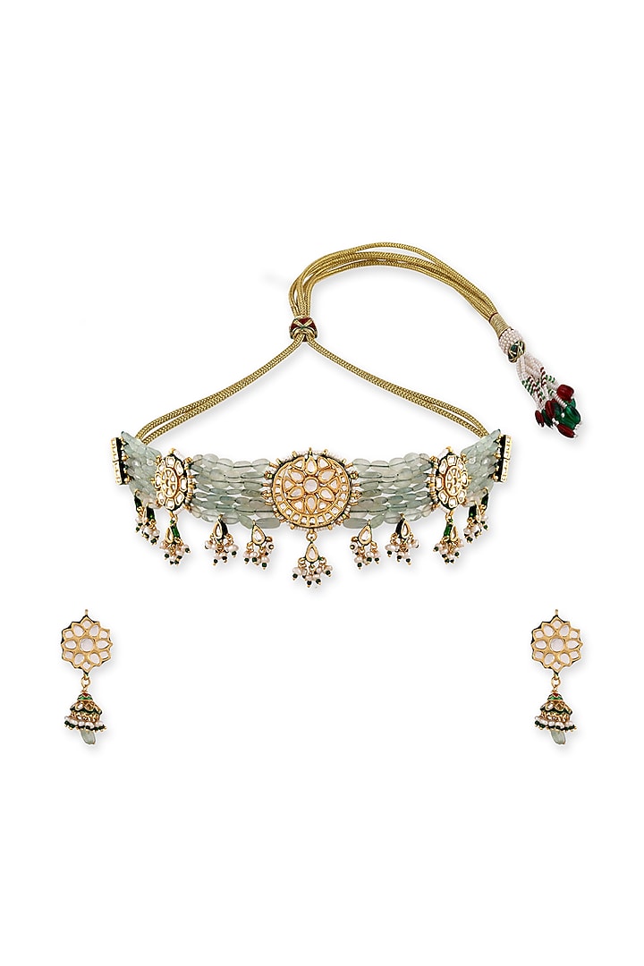 Gold Plated Kundan Polki & Pearl Choker Necklace Set In Sterling Silver by Auraa Trends Silver Jewellery at Pernia's Pop Up Shop