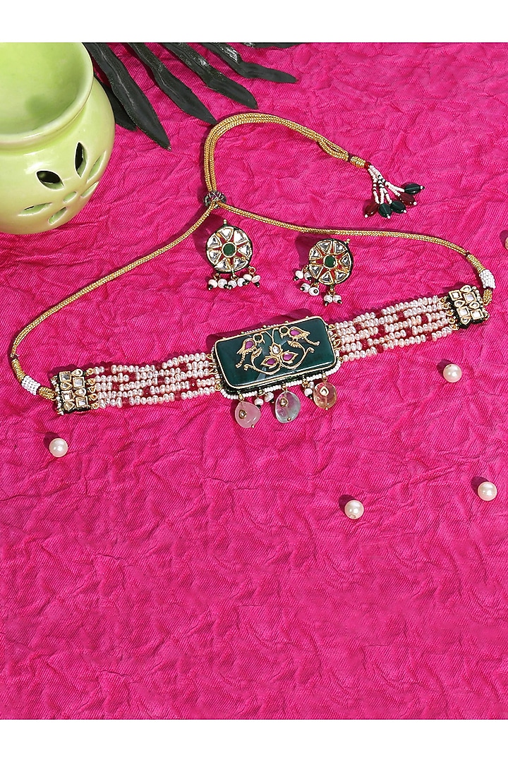 Gold Plated Green Kundan Polki & Pearl Choker Necklace Set In Sterling Silver by Auraa Trends Silver Jewellery at Pernia's Pop Up Shop