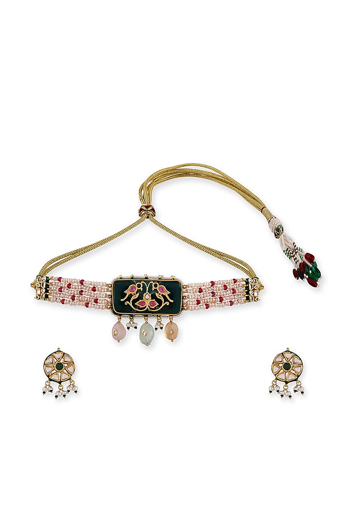 Gold Plated Green Kundan Polki & Pearl Choker Necklace Set In Sterling Silver by Auraa Trends Silver Jewellery at Pernia's Pop Up Shop