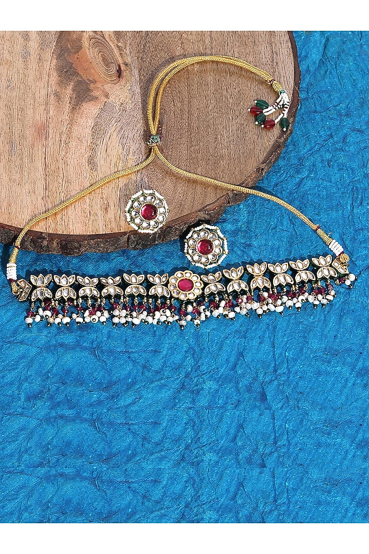 Gold Plated Kundan Polki & Pearl Choker Necklace Set In Sterling Silver by Auraa Trends Silver Jewellery at Pernia's Pop Up Shop