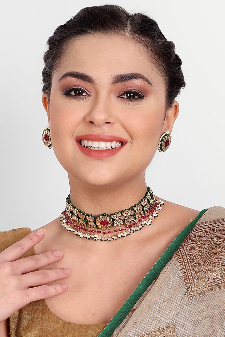 Gold Plated Kundan Polki & Pearl Choker Necklace Set In Sterling Silver by Auraa Trends Silver Jewellery