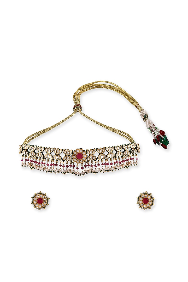 Gold Plated Kundan Polki & Pearl Choker Necklace Set In Sterling Silver by Auraa Trends Silver Jewellery at Pernia's Pop Up Shop