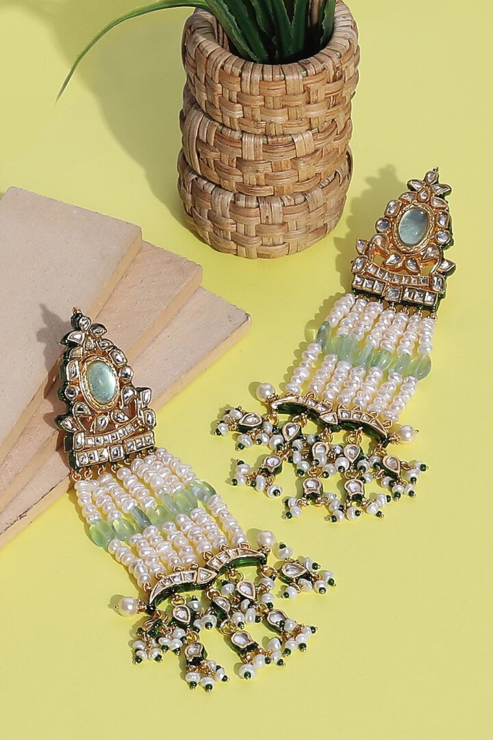 Gold Plated Green Kundan Polki & Pearls Dangler Earrings In Sterling Silver by Auraa Trends Silver Jewellery at Pernia's Pop Up Shop