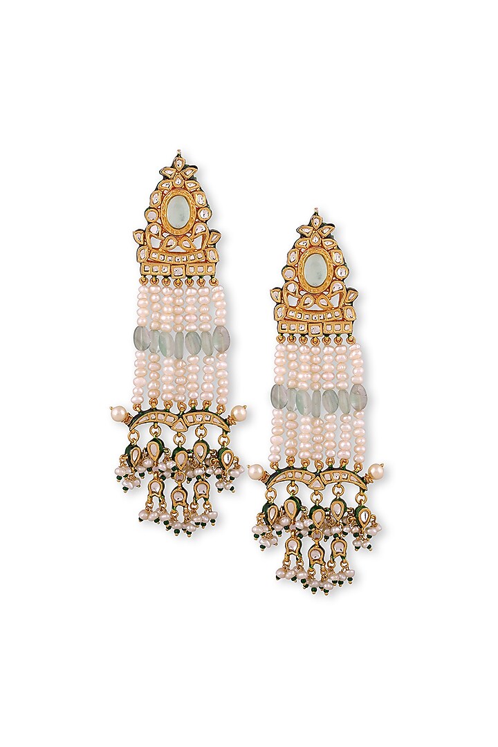 Gold Plated Green Kundan Polki & Pearls Dangler Earrings In Sterling Silver by Auraa Trends Silver Jewellery at Pernia's Pop Up Shop