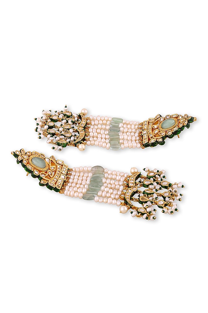 Gold Plated Green Kundan Polki & Pearls Dangler Earrings In Sterling Silver by Auraa Trends Silver Jewellery at Pernia's Pop Up Shop