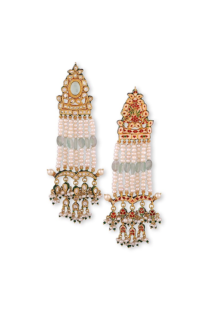 Gold Plated Green Kundan Polki & Pearls Dangler Earrings In Sterling Silver by Auraa Trends Silver Jewellery at Pernia's Pop Up Shop