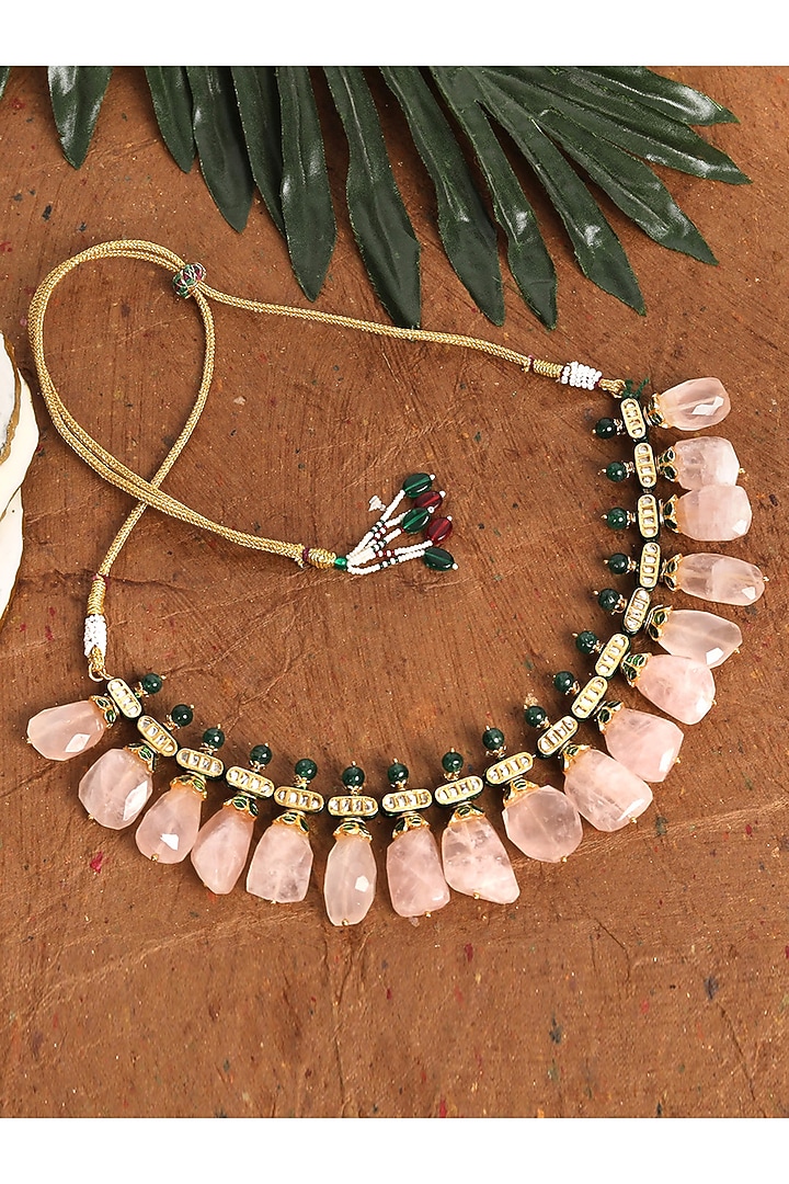 Gold Plated Pink Kundan Polki & Pearl Necklace In Sterling Silver by Auraa Trends Silver Jewellery at Pernia's Pop Up Shop