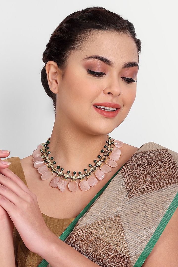 Gold Plated Pink Kundan Polki & Pearl Necklace In Sterling Silver by Auraa Trends Silver Jewellery