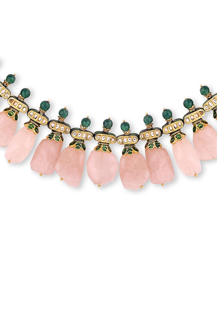 Gold Plated Pink Kundan Polki & Pearl Necklace In Sterling Silver by Auraa Trends Silver Jewellery at Pernia's Pop Up Shop