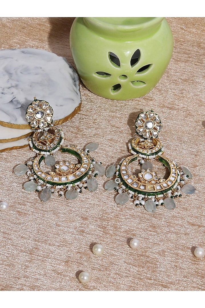 Gold Plated Green Kundan Polki & Pearl Chandbali Earrings In Sterling Silver by Auraa Trends Silver Jewellery at Pernia's Pop Up Shop