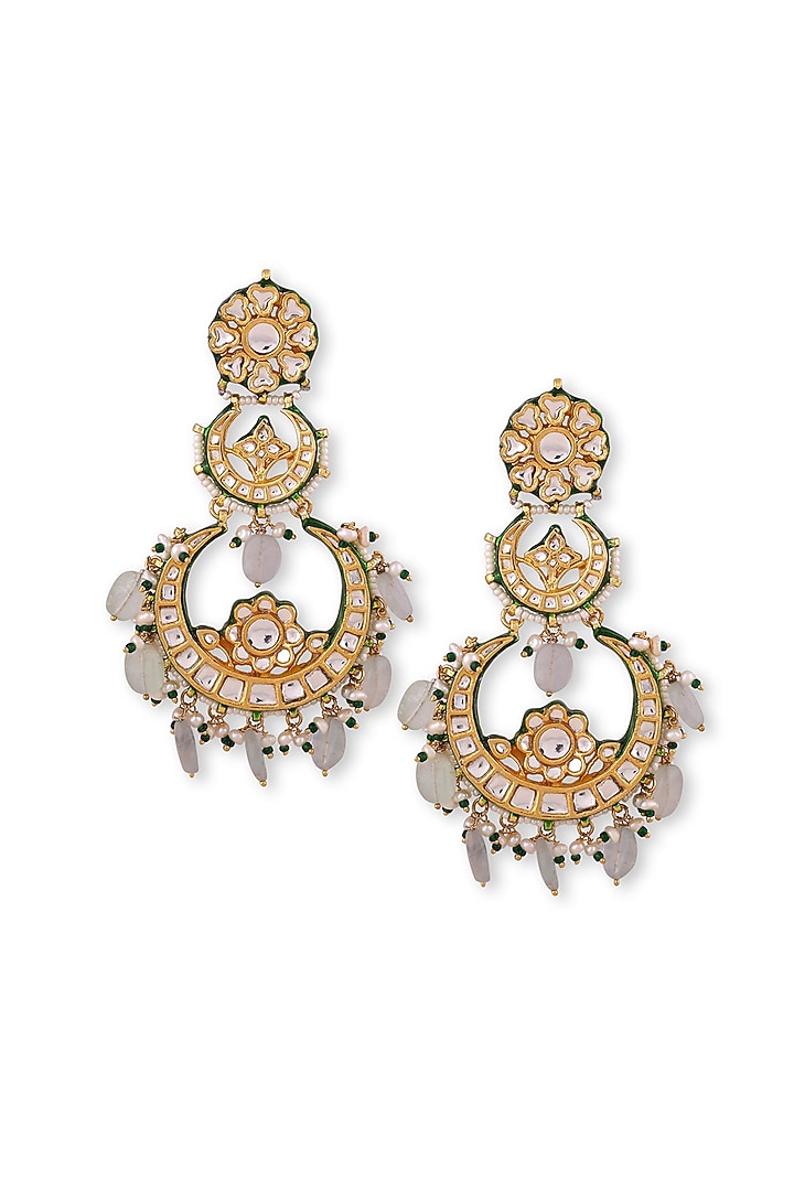 Gold Plated Green Kundan Polki & Pearl Chandbali Earrings In Sterling Silver by Auraa Trends Silver Jewellery at Pernia's Pop Up Shop