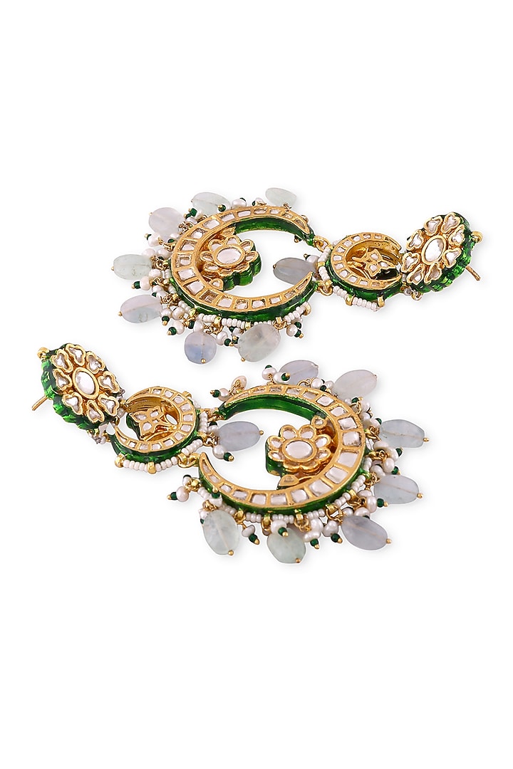 Gold Plated Green Kundan Polki & Pearl Chandbali Earrings In Sterling Silver by Auraa Trends Silver Jewellery at Pernia's Pop Up Shop