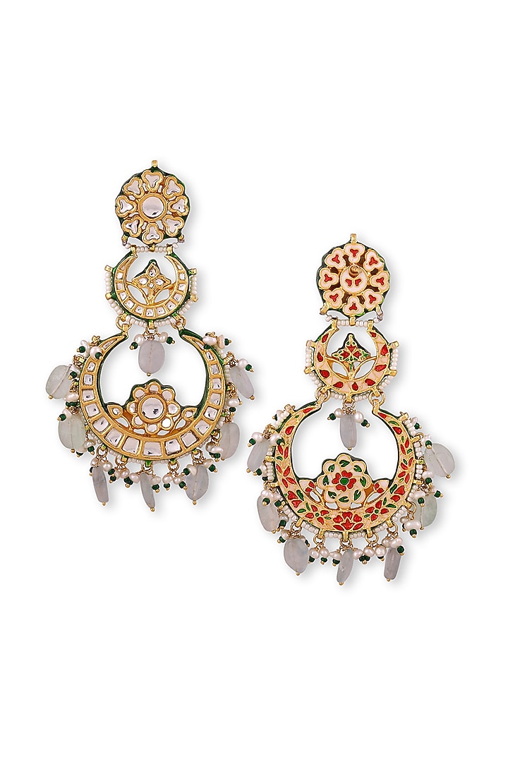 Gold Plated Green Kundan Polki & Pearl Chandbali Earrings In Sterling Silver by Auraa Trends Silver Jewellery at Pernia's Pop Up Shop