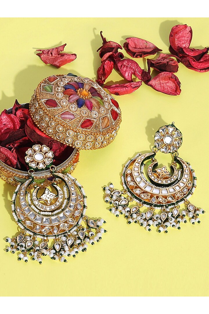 Gold Plated Kundan Polki & Pearl Chandbali Earrings In Sterling Silver by Auraa Trends Silver Jewellery at Pernia's Pop Up Shop