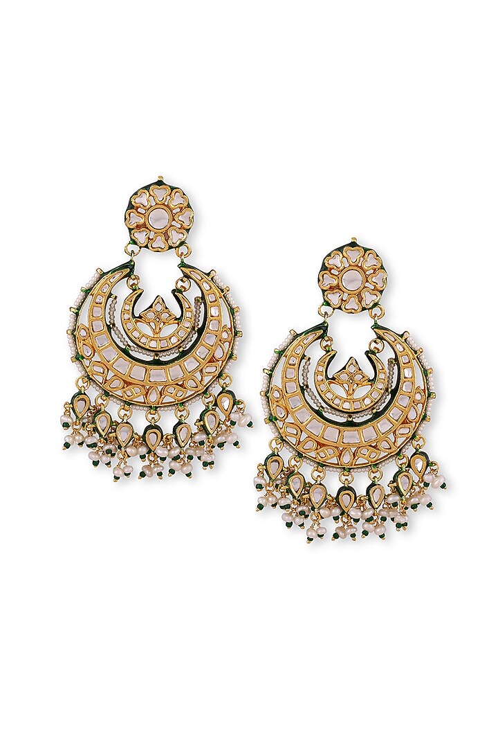 Gold Plated Kundan Polki & Pearl Chandbali Earrings In Sterling Silver by Auraa Trends Silver Jewellery at Pernia's Pop Up Shop