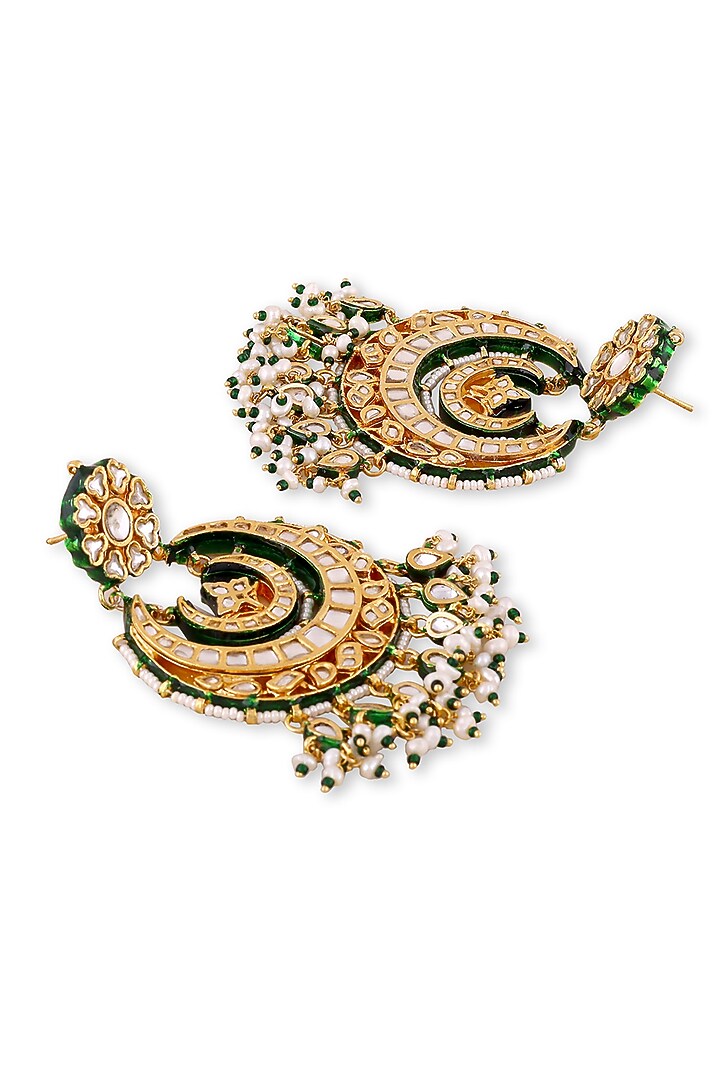 Gold Plated Kundan Polki & Pearl Chandbali Earrings In Sterling Silver by Auraa Trends Silver Jewellery at Pernia's Pop Up Shop