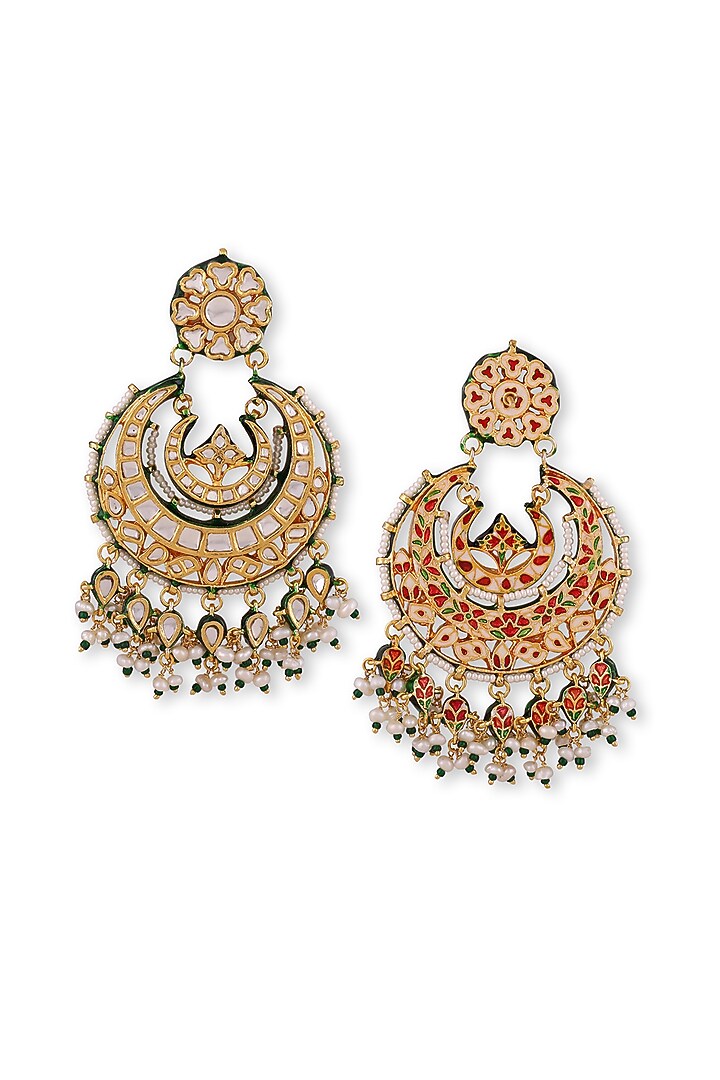 Gold Plated Kundan Polki & Pearl Chandbali Earrings In Sterling Silver by Auraa Trends Silver Jewellery at Pernia's Pop Up Shop