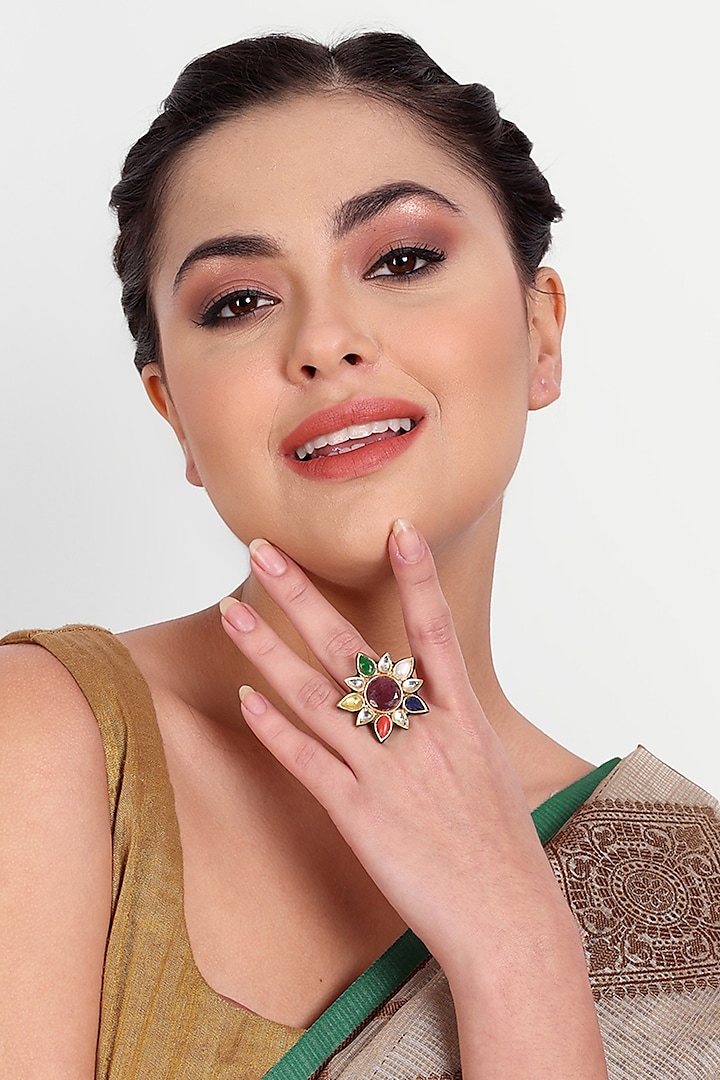 Gold Plated Multi-Colored Kundan Polki & Pearl Ring In Sterling Silver by Auraa Trends Silver Jewellery