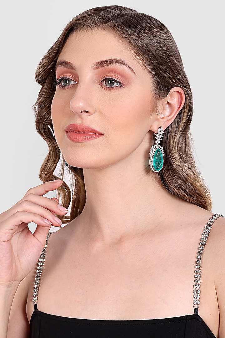 White Finish Sea Green Zircon Dangler Earrings by Aura Trends at Pernia's Pop Up Shop