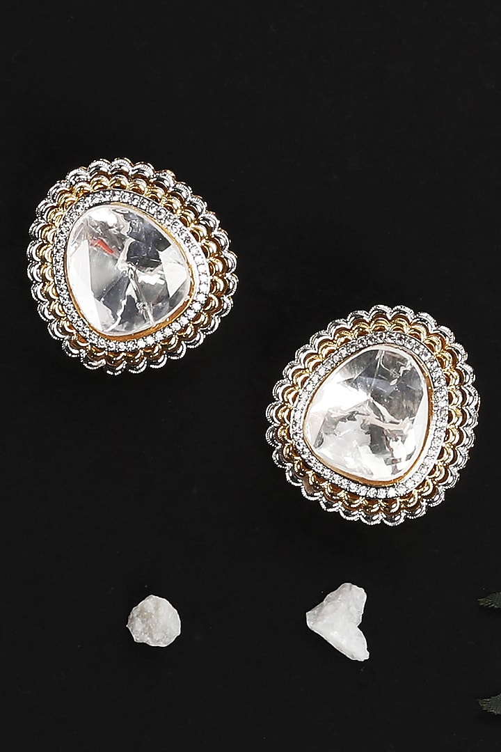 Gold Plated White Kundan Polki & Pearl Stud Earrings by Aura Trends at Pernia's Pop Up Shop