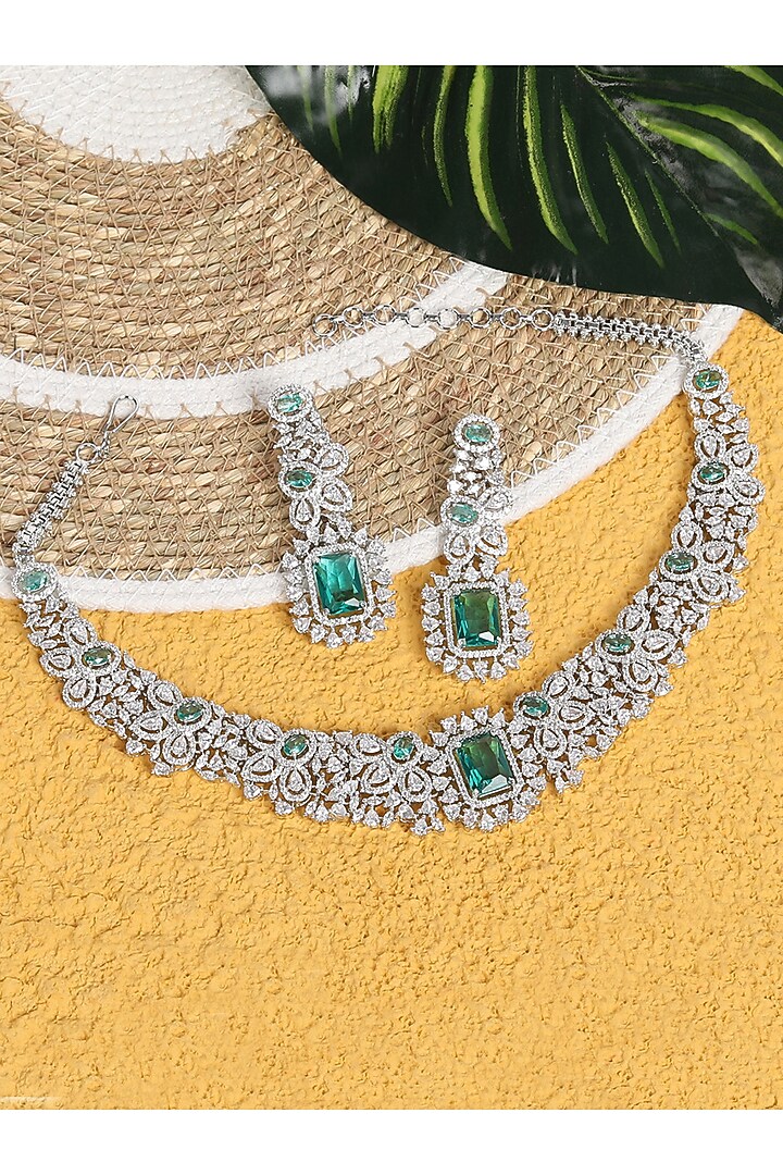 White Finish Aqua Zircon & Pearl Necklace Set by Aura Trends at Pernia's Pop Up Shop