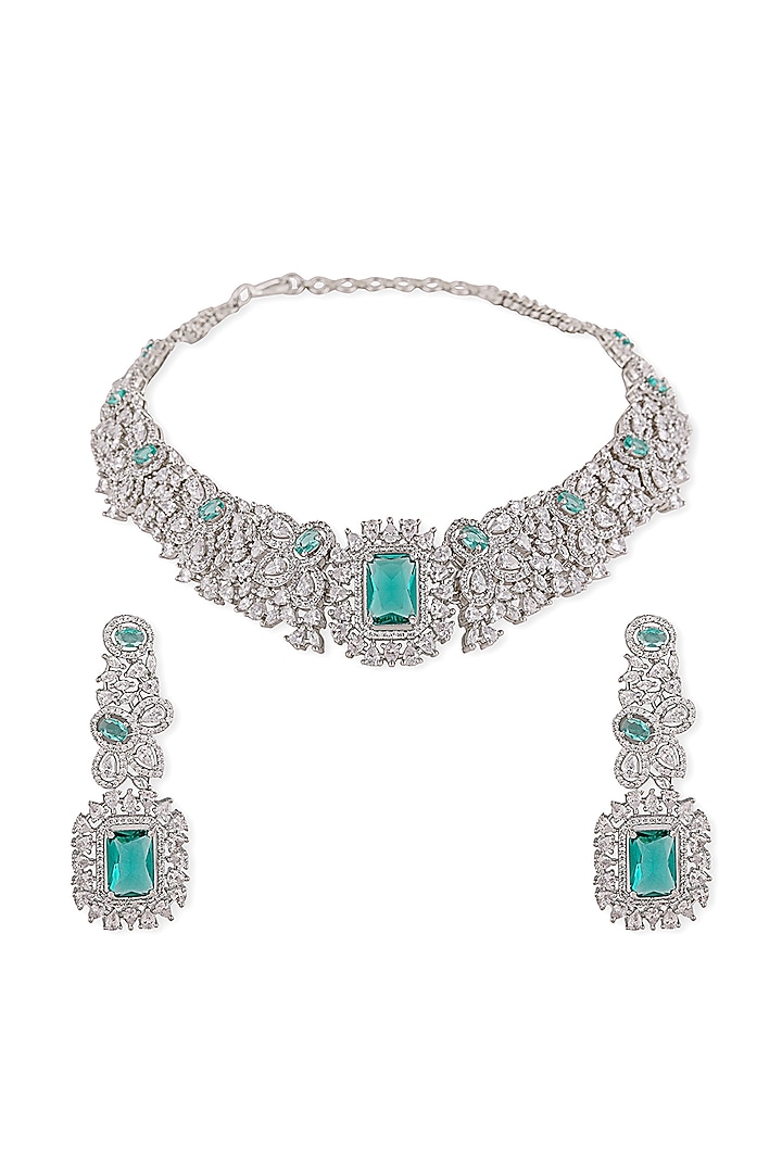White Finish Aqua Zircon & Pearl Necklace Set by Aura Trends at Pernia's Pop Up Shop