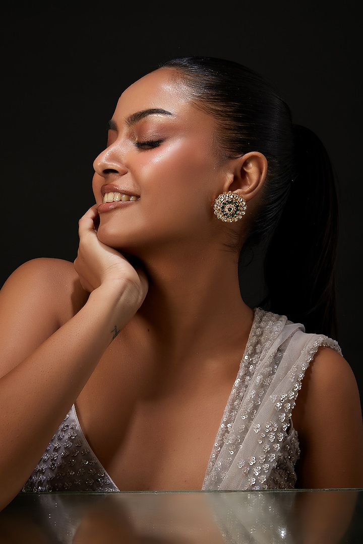Gold Plated Kundan Polki Stud Earrings by Aura Trends at Pernia's Pop Up Shop