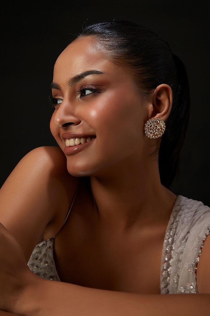 Gold Plated Kundan Polki Stud Earrings by Aura Trends at Pernia's Pop Up Shop