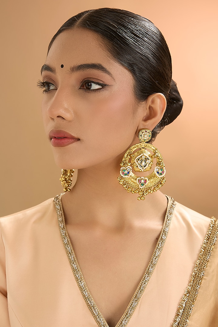 Gold Finish Kundan Polki & Pearl Dangler Earrings by Aura Trends at Pernia's Pop Up Shop