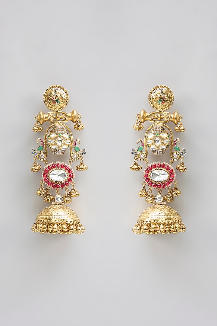 Gold Finish Kundan Polki & Pearl Jhumka Earrings by Aura Trends at Pernia's Pop Up Shop