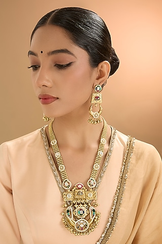 Gold Finish Kundan Polki & Pearl Long Necklace Set by Aura Trends