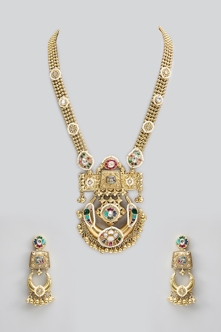 Gold Finish Kundan Polki & Pearl Long Necklace Set by Aura Trends at Pernia's Pop Up Shop