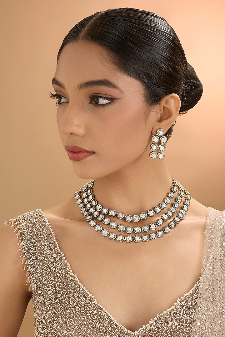 Gold Finish Kundan Polki & Pearl Layered Necklace Set by Aura Trends at Pernia's Pop Up Shop