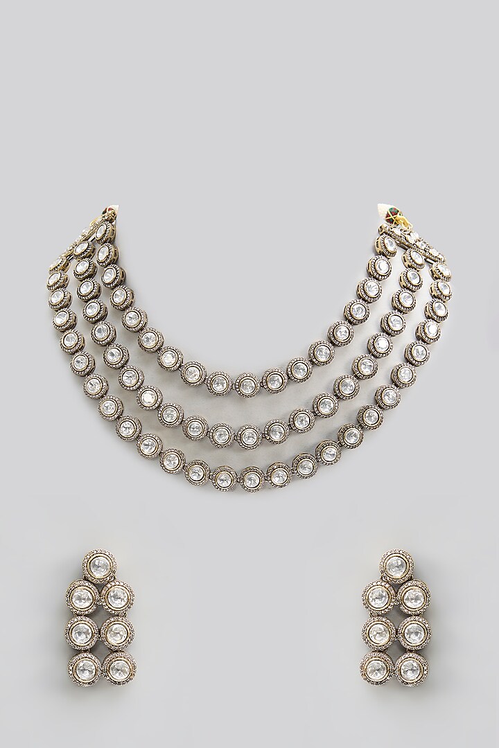 Gold Finish Kundan Polki & Pearl Layered Necklace Set by Aura Trends at Pernia's Pop Up Shop
