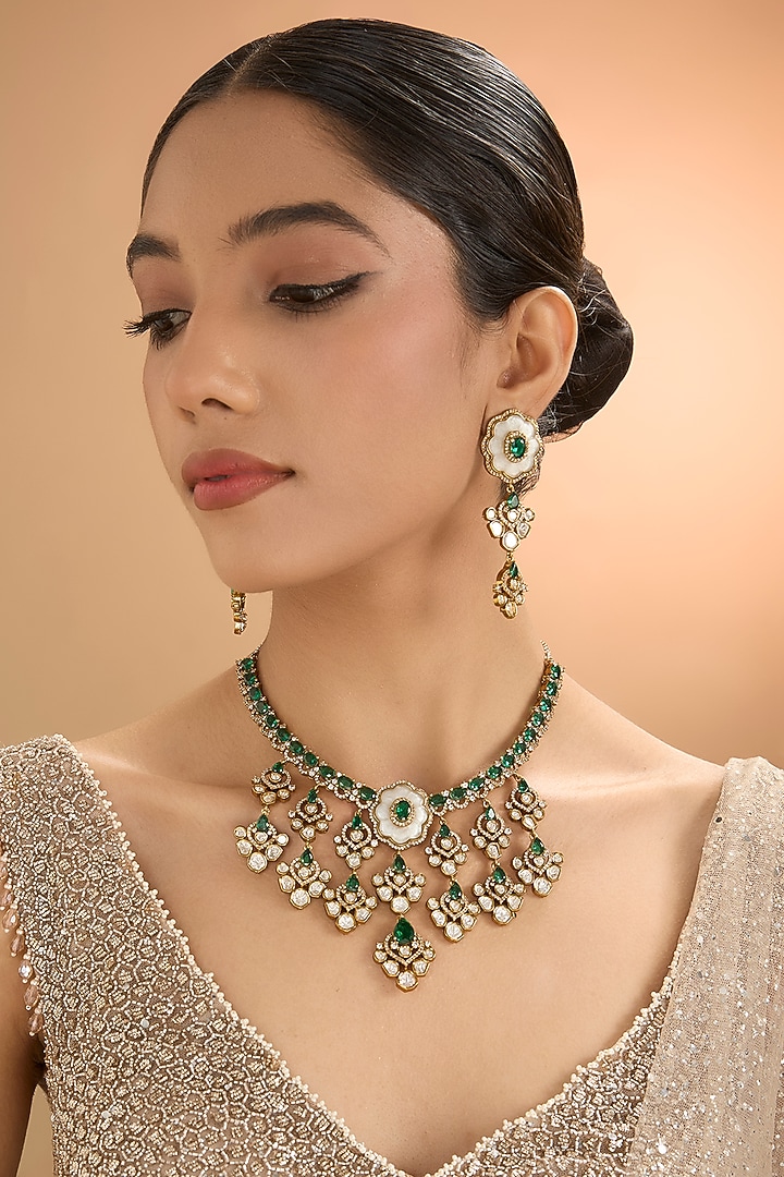 Gold Finish Kundan Polki & Pearl Necklace Set by Aura Trends at Pernia's Pop Up Shop