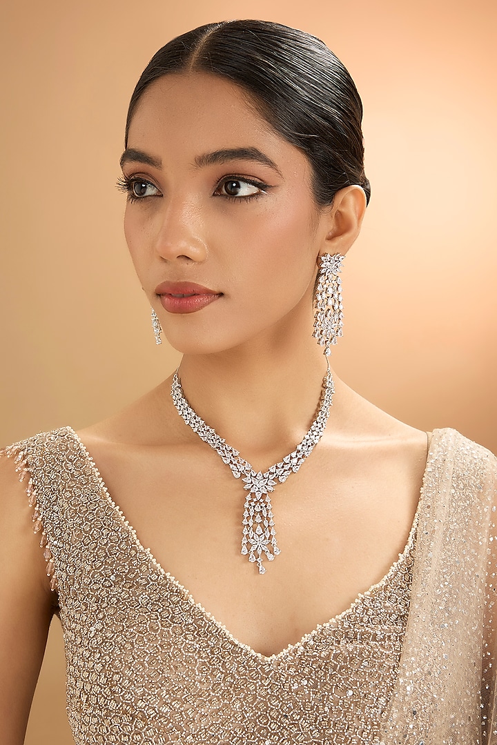 Silver Rhodium Finish Kundan Polki & Pearl Necklace Set by Aura Trends at Pernia's Pop Up Shop