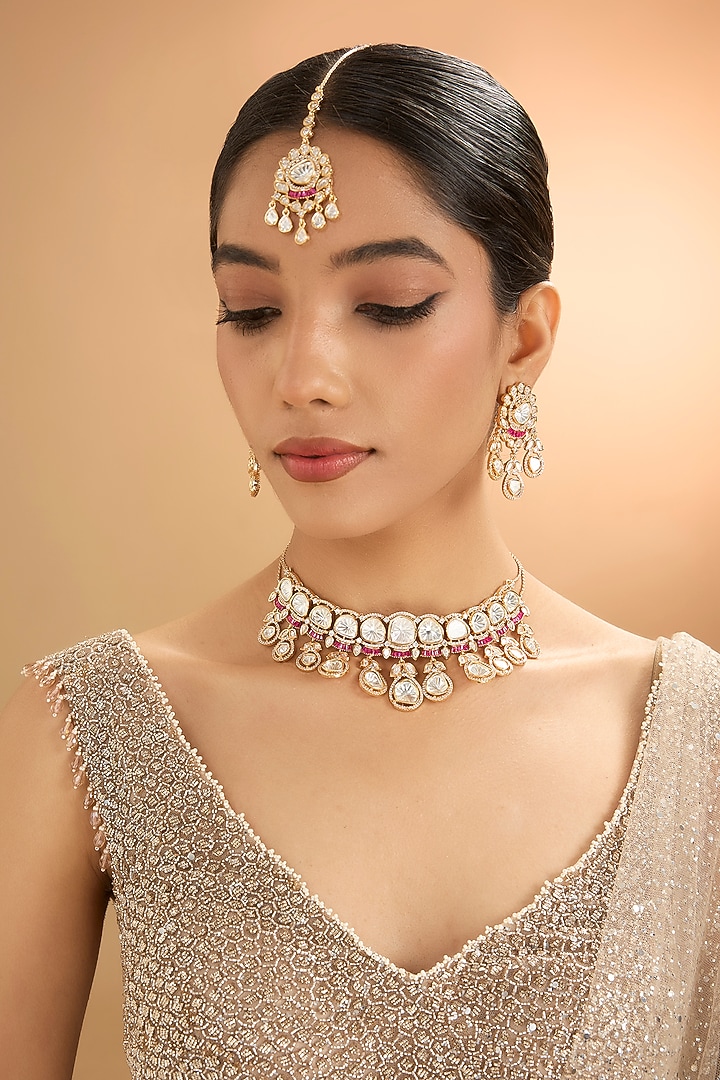 Gold Finish Kundan Polki & Pearl Necklace Set by Aura Trends at Pernia's Pop Up Shop