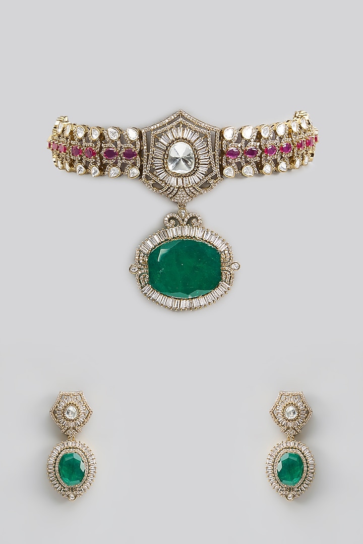 Gold Finish Kundan Polki & Pearl Choker Necklace Set by Aura Trends at Pernia's Pop Up Shop