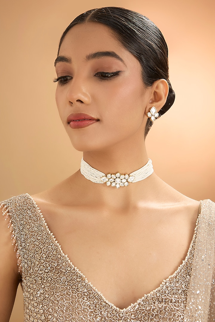 Gold Finish Kundan Polki & Pearl Choker Necklace Set by Aura Trends at Pernia's Pop Up Shop