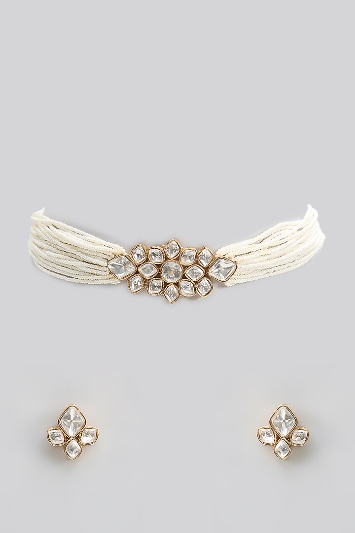 Gold Finish Kundan Polki & Pearl Choker Necklace Set by Aura Trends at Pernia's Pop Up Shop
