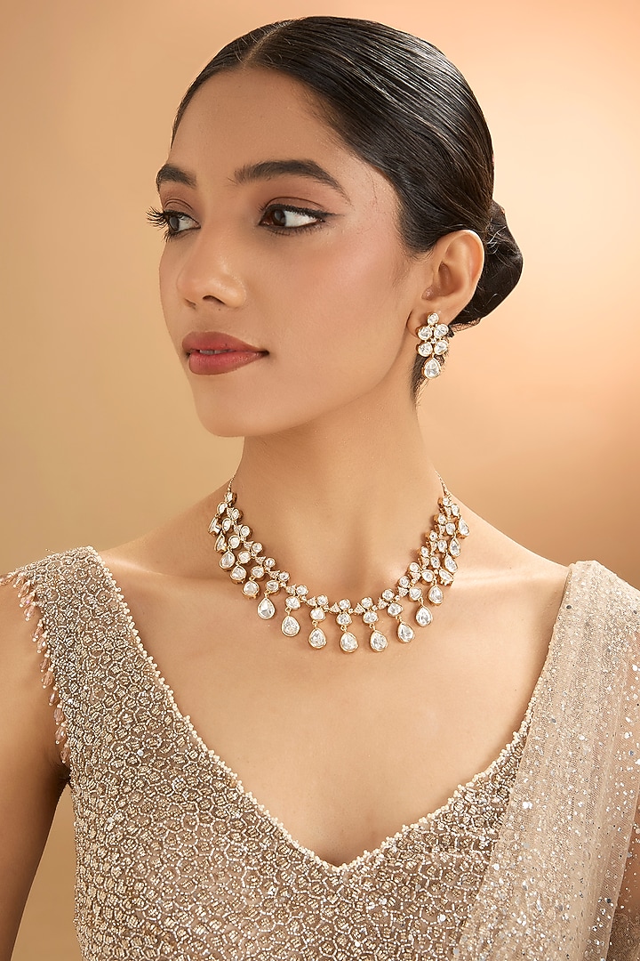 Gold Finish Kundan Polki Necklace Set by Aura Trends at Pernia's Pop Up Shop