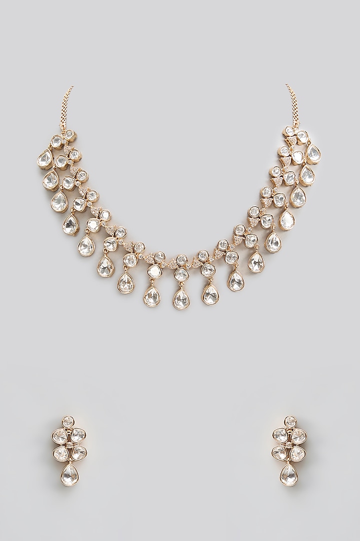 Gold Finish Kundan Polki Necklace Set by Aura Trends at Pernia's Pop Up Shop